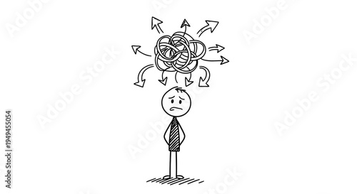 Stick figure person feeling confused and stressed with tangled thoughts and arrows above head.