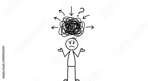 A simple stick figure person looking confused and overwhelmed with a tangled mess and question mark above their head, symbolizing mental stress and indecision.