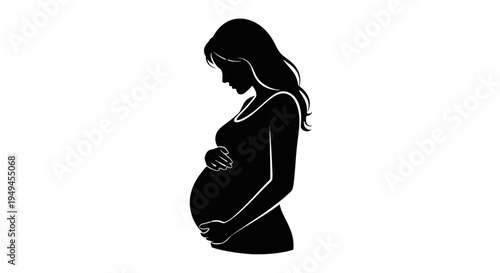 Elegant black silhouette of a pregnant woman gently cradling her baby bump, symbolizing motherhood and anticipation.