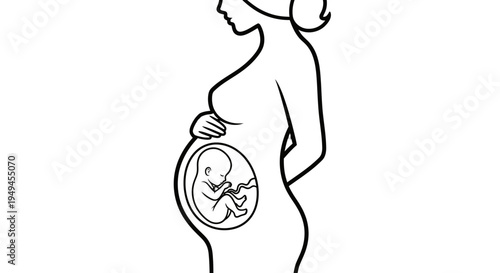 Black and white line art illustration depicting a pregnant woman in profile with a visible fetus in her womb, showcasing human development.