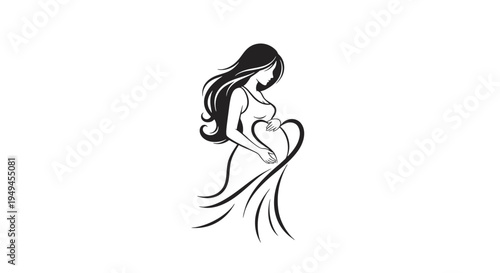 Elegant black and white illustration of a pregnant woman forming a heart shape with her hands on her belly, symbolizing maternity and love.