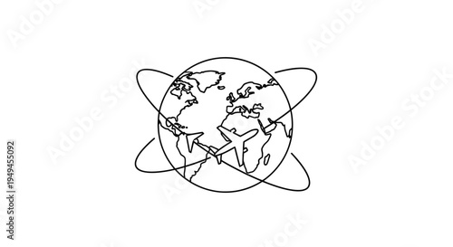 Line art drawing of a globe with an airplane flying around it, symbolizing global travel and aviation.