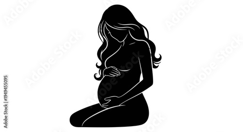 Elegant black silhouette of a pregnant woman kneeling, gently cradling her baby bump with one hand, symbolizing motherhood and anticipation.