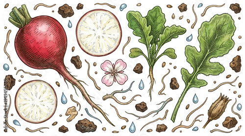 Vintage Botanical Vector Illustration Set of Radish Plant with Root Slices Leaves Seeds and Flower Hand Drawn Engraving Style on White Background