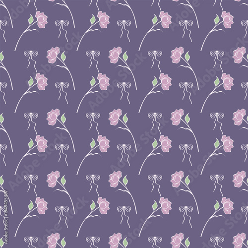 Seamless Floral Pattern with Delicate Pink Flowers and Bows on Purple Background