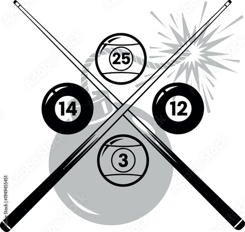 Pool Balls and Cues - A Classic Game of Billiards with Numbered Balls and Crossed Sticks, Perfect for Sports and Leisure
