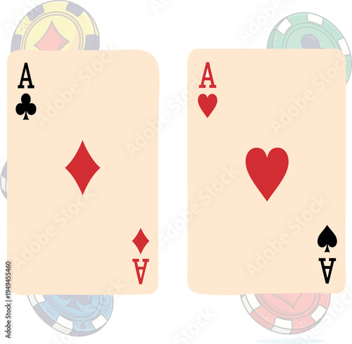 Two Red Aces Ace of Diamonds and Ace of Hearts Playing Cards with Poker Chips in the Background, Symbolizing High Stakes, Strategy, and Fortune in a Casino Card Game Illustration