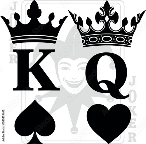 King and Queen of Spades and Hearts Playing Cards with Joker Silhouette in Background - Poker Card Icons for Gambling and Casino Games