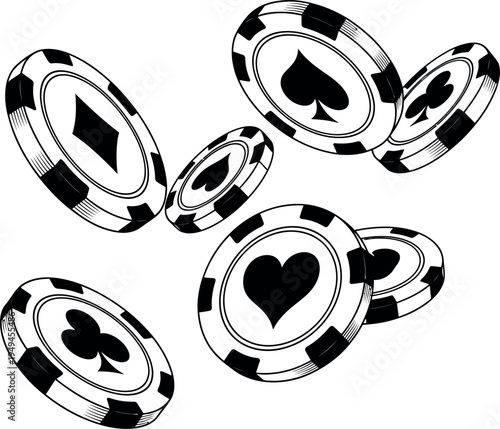 Dynamic illustration of falling casino game tokens adorned with classic card suit symbols, perfect for designs related to luck, gambling, and winning success