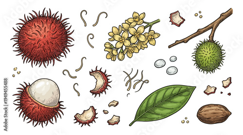 Vintage Rambutan Tropical Fruit Vector Set with Hand-Drawn Botanical Illustrations of Whole Fruit, Peel, Seeds, Flowers, and Leaves on Black Background