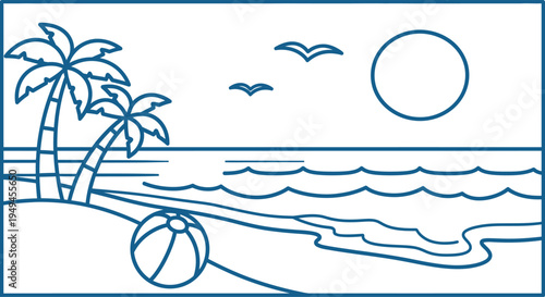 A serene beach scene with palm trees and a volleyball