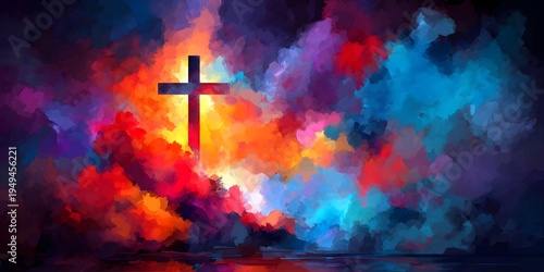 Vibrant abstract Christian cross art with dramatic colorful painterly clouds in intense red orange yellow blue and purple hues creating a spiritual hopeful and reflective scene with water below
