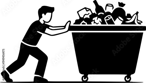Man pushing an overflowing garbage dumpster flat vector illustration