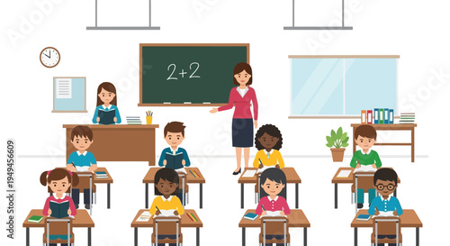 Diverse students learning in a bright classroom with a teacher explaining math