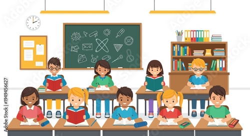 Diverse Students Learning in a Bright Classroom