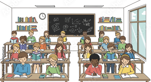 Diverse students learning in a bright classroom, engaged in lessons with books and charts