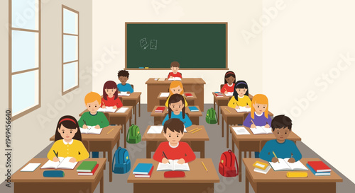 Diverse students learning in a bright, colorful classroom with a teacher at the front.