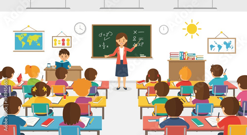 Diverse students learning in a bright, modern classroom with teacher at blackboard