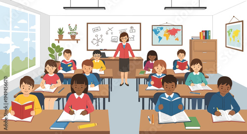 Diverse students learning in a bright, modern classroom with a teacher at the front.