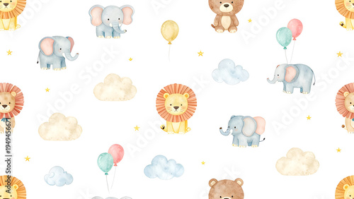 Seamless circus pattern with cute hand drawn animals and stars on a white background. Gentle pastel circus print in a soft preppy kids style, ideal for girls, babies, nursery decor, fabric, wallpaper 