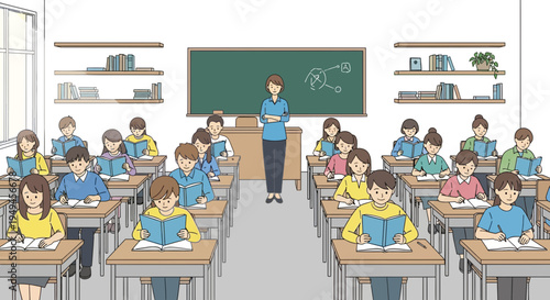 Diverse students learning in classroom with teacher, educational concept