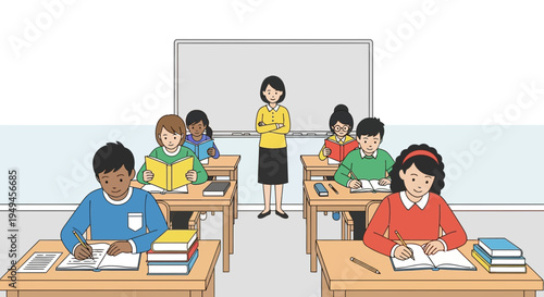 Diverse students learning in classroom with teacher at whiteboard