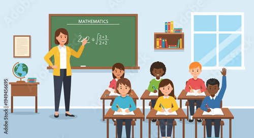 Diverse students learning mathematics in a bright classroom with a teacher at the blackboard