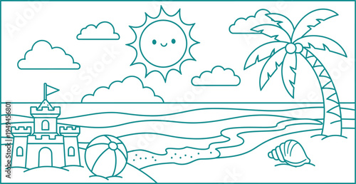 A tropical beach scene with a sun palm tree and castle