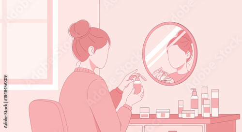 Woman applying skincare product in front of mirror, beauty routine, self-care, pink aesthetic