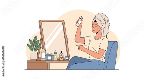 Woman applying skincare product in front of mirror, self-care routine, beauty concept