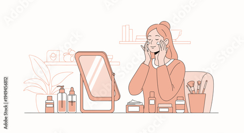 Woman applying skincare products in front of a mirror, beauty routine, self-care, cosmetic bottles