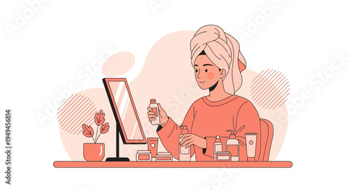 Woman applying skincare products in front of mirror, beauty routine, self-care, morning ritual