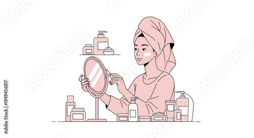 Woman applying skincare products in front of a mirror, beauty routine, self-care, minimalist illustration