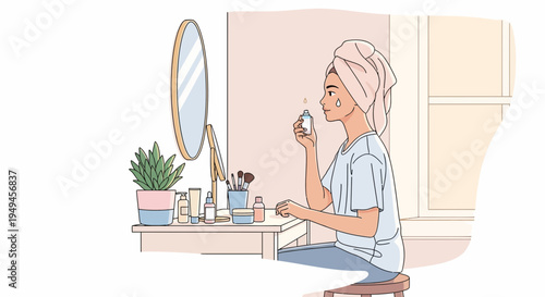Woman applying skincare serum in front of mirror, self-care routine, beauty products on vanity