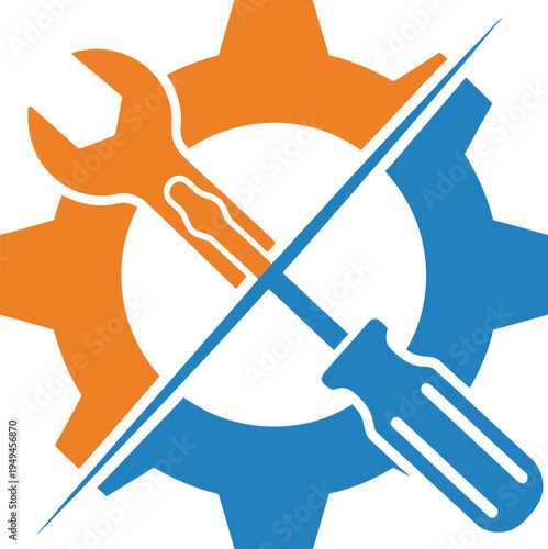 Crossed wrench and screwdriver with gear logo, professional handyman and hardware service vector.