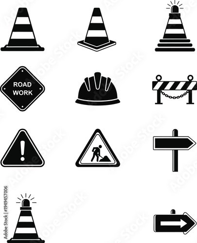 Road construction and traffic safety icon set, black silhouettes of cones and warning signs.