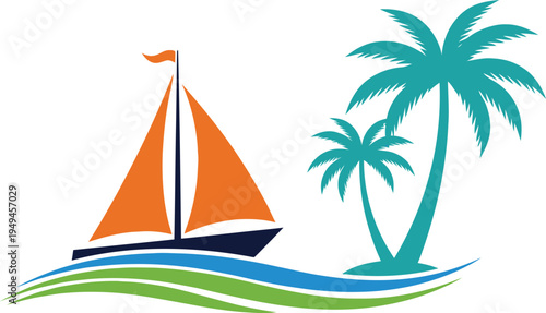 Sailboat cruising near tropical island with palm trees, maritime travel and nautical logo vector.
