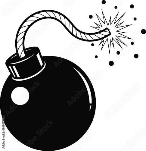 Classic black round bomb with lit fuse and spark explosion vector illustration.