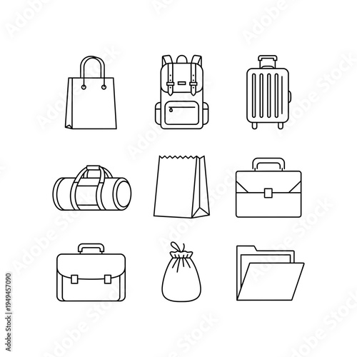 Travel & Office Bag Icon Set – Briefcase, Backpack, Duffle & Folder Silhouettes