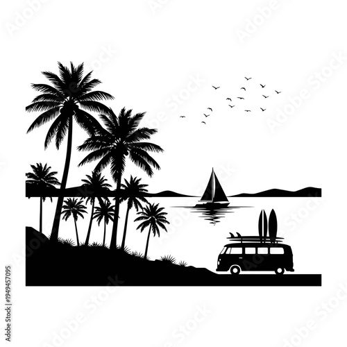 Beach Camper Van at Sunset Silhouette – Road-Trip Adventure Outline