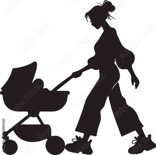 Silhouette of a woman pushing a baby stroller outdoors during a walk.