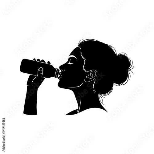 Hydrating Woman Drinking from a Bottle – Active Refreshment Outline Illustration