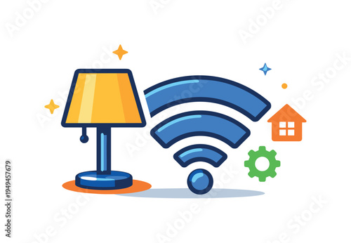 Modern home automation lifestyle focused on digital convenience and intelligent interior environments, a simple house interior with a lamp beside a wireless connection symbol
