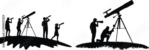 Astronomy telescope observers silhouettes, stargazing science education vector illustration isolated night sky research exploration concept