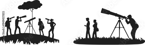 Astronomy observers with telescopes silhouettes, stargazing science education vector illustration isolated night sky exploration research concept