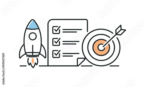 Digital product launch preparation and structured go to market planning in a modern startup workflow, a small rocket positioned beside a checklist and a target symbol forming a
