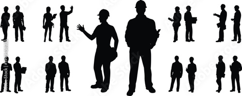 Construction worker silhouettes set, industrial engineer team characters, safety helmet professionals, engineering workforce vector illustration collection