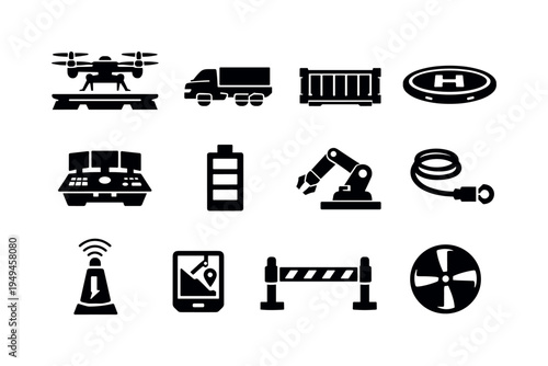 Futuristic aerial cargo transport: drone carrier, hover truck, cargo container, landing pad, control console, energy cell, robotic arm, tether cable, scanner beacon, navigation
