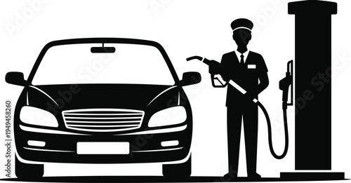 Gas station attendant refueling car silhouette, petrol pump service automotive fuel energy transport illustration concept