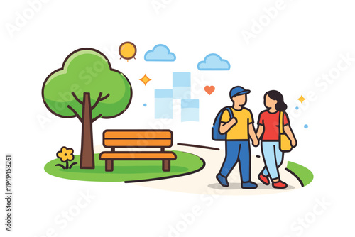 Urban lifestyle and outdoor relaxation focused on everyday life in green city spaces, two people walking along a small park path beside a tree and a bench forming a clear visual
